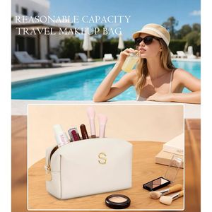 Personalized Initial <b>Makeup</b> Bag Women's Bridesmaid Gift PU Leather Cosmetic Waterproof Travel for Toiletry <b>Case</b> - Product Image 4