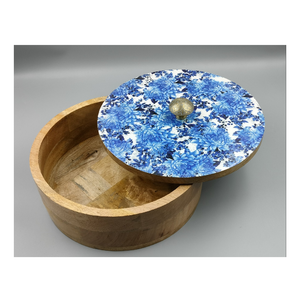 Polished Solid Wood Chapati Box-Souvenir for Kitchen Use Round Design with <b>Lid</b> white flower design - Product Image 5