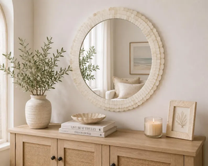 Handmade Round Bone Inlay Wall <b>Mirror</b> | <b>White</b> Bone Inlay Decorative <b>Mirror</b> | Luxury Vanity <b>Mirror</b> | Coastal Bedroom - Product Image 2