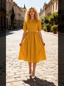 Robe midi en coton style bohème chic jaune moutarde avec manches courtes bouffantes et col classique, idéale pour l'été - Product Image 3