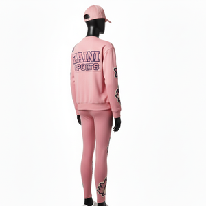 Conjunto de Camiseta y Leggings de Felpa de Algodón Premium para Mujer, 280 GSM, Rosa Suave, Apliques Bordados, Logotipo Personalizado - Product Image 5