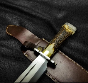 Cuchillo de caza de 12 pulgadas con mango de asta texturizado, hoja de acero de Damasco con punta de clip y ranura para sangre, proveedor mayorista A&M ENTERPRISES - Product Image 4