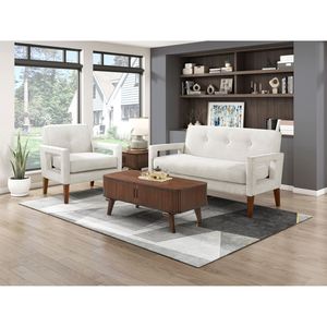Set di Divano a Due Posti Moderno in Ciniglia Beige con Sedie Imbottite, Molle Insacchettate e Gambe in Legno Massello per Arredamento Soggiorno - Product Image 1