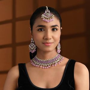 Parure Collier et Boucles d'Oreilles en Alliage Plaqué Or Antique avec Zircon Violet et Perles – Bijoux de Mariage Vintage pour Femme - Product Image 4