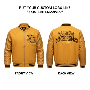 Premium 350 GSM <b>Wool</b> Blend Windproof Winter Bomber Jacket Mustard <b>Gold</b> with PU Leather Sleeves Custom Chenille Embroidery Unisex - Product Image 1
