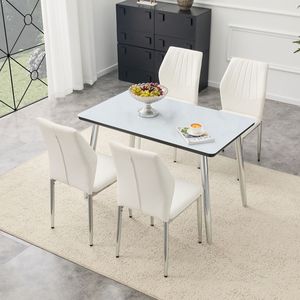 Set da Pranzo con Tavolo in Vetro Effetto Marmo Bianco, Base in MDF e Gambe Affusolate in Metallo Argento, 4 Sedie - Product Image 1