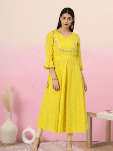 Kurta Anarkali de Verano de Algodón Cambric con Estampado Butti Dorado, Amarilla, con Falda Acampanada, Ropa Étnica Tradicional Festiva para Mujer, Envío Rápido - Product Image 3