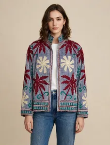 Grey <b>Velvet</b> Cotton Suzani Embroidered Jacket <b>Women</b> Handmade Tropical Palm Floral Boho Ethnic Fashion <b>Coat</b> Wholesale - Product Image 4