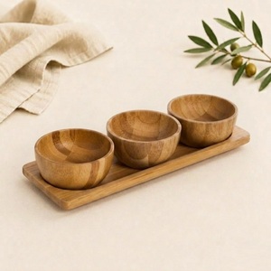 <b>Condiment</b> Set of 3 with Rectangular <b>Tray</b> Eco-Friendly Dipping Bowls for Appetizers Snacks and Sauces Wooden Tableware for Home - Product Image 4
