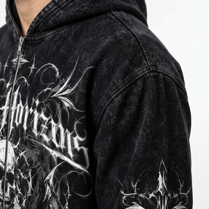 Black Washed Zip <b>Hoodie</b> French Terry Streetwear Breathable <b>Gothic</b> Customized Design High Quality 350grams Unisex Custom Front - Product Image 4