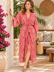 Robe longue décontractée d'été pour femme à imprimé cachemire, col en V, manches trois quarts, avec cordon de serrage - Product Image 2