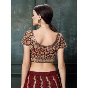 Impresionante Lehenga Choli de Seda Cruda Color Granate, Diseño de Fiesta, Semi-Confeccionado, Ropa Zeel - Product Image 3