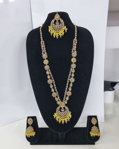 Delicate Floral Antique Gold Plated Kundan Rani Haar <b>Set</b> Long Necklace <b>Beads</b> Traditional Jhumkas 3 Wedding Engagement Party - Product Image 2