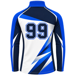 Veste de sport bleu roi et blanc à col zippé, haut d'entraînement athlétique à manches longues, personnalisable pour équipe, course à pied, entraînement, performance sportive - Product Image 2
