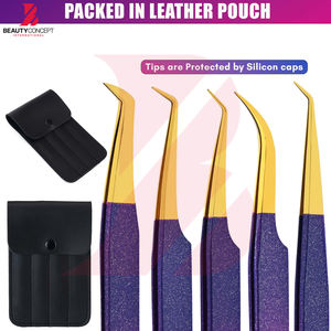 Juego de 5 Pinzas para Pestañas con Punta Dorada, Color Rosa y Morado Brillante, Pinzas de Acero Inoxidable para Extensión de Pestañas con Puntas de Fibra - Product Image 5