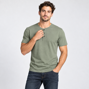 <b>Men's</b> Solid Green Short Sleeve <b>Henley</b> T-<b>Shirt</b> Regular Fit Casual Knitted O-Neck Design - Product Image 4