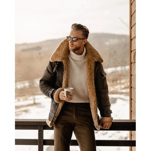 Men's Brown B3 Flying Aviator Shearling Leather Long Jacket <b>Coat</b> - Product Image 4