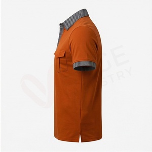 Polo à manches courtes orange pour homme avec col et poignets à carreaux, en coton tricoté, décontracté, respirant, avec poche, coupe classique - Product Image 3