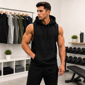 Sweat-shirt à capuche sans manches pour homme, noir, en polaire, décontracté, pour la salle de sport, avec poche, coupe classique, style automne - Product Image 3