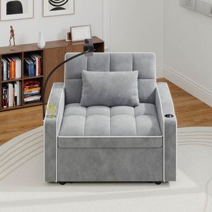 Poltrona letto estraibile in velluto a coste con cuscino, portabicchieri in acciaio inossidabile spazzolato, supporto per telefono e porta di ricarica USB per soggiorno - Product Image 1