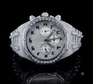 Men's Sterling Silver Diamond Watch 42mm Round Case Mechanical <b>Chronograph</b> Analog Dial Sapphire Crystal Watch For Mens - Product Image 3
