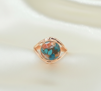 Bague Statement en Argent Sterling 925 Plaqué Or Rose et Or Jaune, Ornée d'une Pierre Ronde Naturelle d'Huître, de Cuivre et de Turquoise, Faite à la Main pour Femme