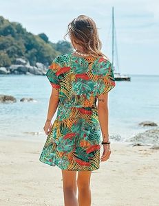 Vestido playero casual de manga corta para mujer con lazo en la cintura - Product Image 3