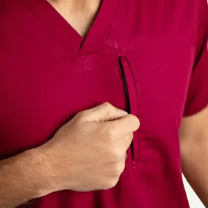 Conjunto de uniforme médico para hombre con cuello en V, rojo, de algodón y poliéster, pantalón de pana con detección de agujas, fusión sin costuras, marca personalizada - Product Image 3