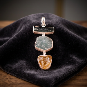 Pendentif artisanal en argent sterling avec pierres naturelles brutes de citrine, kyanite et aquamarine, serti clos, breloque multicolore irrégulière, fournisseur - Product Image 2