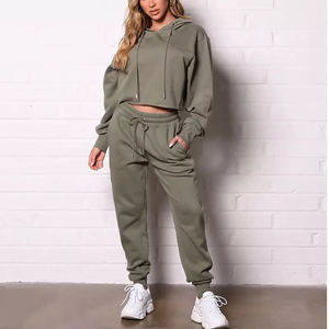 Conjunto de Sudadera Corta y Pantalones Deportivos de Felpa 100% Algodón para Mujer, Diseño Personalizado, Color Sólido, Estilo Casual, Dos Piezas - Product Image 4