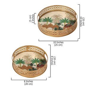 Ensemble de 2 plateaux décoratifs ronds en métal, motif floral bohème, avec poignées, collection hôtelière, plateau Pichwai, hôtel - Product Image 5