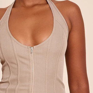 Women's Beige Halter Neck Zip Front <b>Tummy</b> <b>Control</b> Shapewear Top Waist Cincher Bodycon Tank Top Medium Daily Wear Corset Top - Product Image 4