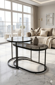 <b>Set</b> 2pcs Modern Simple Oval <b>Coffee</b> <b>Table</b> Glass Top Metal Frame <b>Nesting</b> Side <b>Table</b> Living Room Furniture - Product Image 5