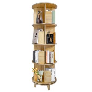 <b>Solid</b> Pine <b>Wood</b> 4-Layer 360-degree Rotating <b>Bookcase</b> Display Rack Modern Minimalist Style for Living Room with Panel - Product Image 1
