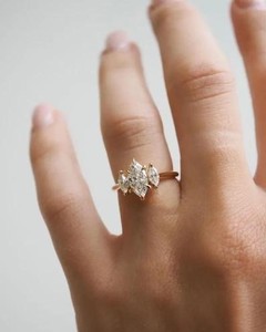 Marquise Cut Diamond Cluster <b>Ring</b> in Yellow Gold Three Stone Engagement <b>Ring</b> Vintage Inspired Bridal <b>Ring</b> <b>Fine</b> Diamond Jewelry - Product Image 3