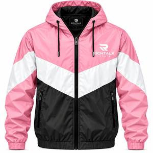 Blouson bomber à capuche pour homme, coupe-vent, color block, fermeture éclair frontale, rouge, blanc, bleu, style sportif automne - Product Image 2