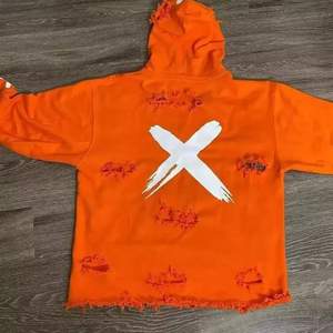 <b>Orange</b> Solid Oversized Cut Out Distressed Hooded <b>Sweatshirt</b> <b>Men</b> 100% Cotton French Terry Pullover Hoodie Raw Hem Streetwear - Product Image 1