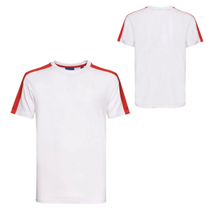 Camiseta de Manga Corta para Hombre, Color Crema, con Ribete a Rayas Rojas, Blancas y Azules en Contraste, Cuello Redondo, Corte Regular, Informal, de Punto Jersey, Algodón - Product Image 6