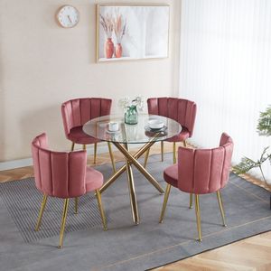 Set da Pranzo Mid-Century 1+4,5 Pezzi con Tavolo con Gambe in Metallo per 4-6 Persone, Piano in Vetro, Tavolo da Pranzo con Base a Piedistallo per Sala da Pranzo - Product Image 1