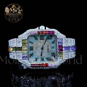 Montre mécanique automatique carrée de luxe, cadran entièrement serti de pierres précieuses multicolores, date, montre-bracelet unisexe - Product Image 5