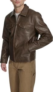 Men's <b>Brown</b> Genuine <b>Leather</b> <b>Jacket</b> Turn-down Collar Zipper Closure Workwear Style Regular Length Autumn Wear - Product Image 6