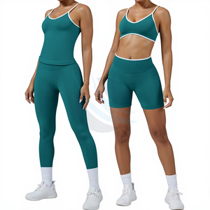 Ensemble de yoga deux pièces bleu sarcelle pour femme, avec haut à col rond et dos nu à manches longues, et leggings sans couture taille haute à découpes - Product Image 2