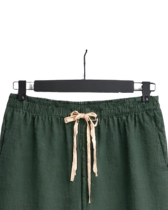 Conjunto de pijama de lino y algodón para mujer, color beige y verde, camisa con botones y bolsillo bordado y pantalones con cordón, conjunto informal para estar en casa - Product Image 5