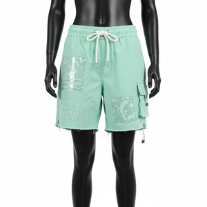 กางเกงขาสั้นว่ายน้ำผู้หญิงคุณภาพสูง 300 GSM ผ้าฝ้ายผสมโพลีเอสเตอร์ สีเขียวมิ้นท์ แต่งแผ่นผ้าแบบแพทช์พาแนล กระเป๋าคาร์โก้  โลโก้แบบนูน - Product Image 1