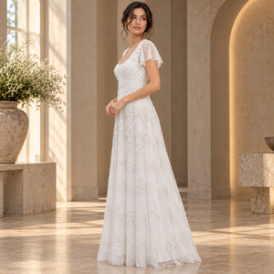 Modern Ivory <b>White</b> Detailed Evening Gown Flutter Sleeve Scoop Neck Floral Sequins | Floor Length A-Line <b>Dress</b> with <b>Sheer</b> Overlay - Product Image 2