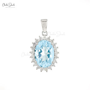 Pendentif halo en or blanc massif 14 carats avec aigue-marine et diamants blancs taille brillant de 2 mm, idéal pour mariage ou cadeau (vente en gros) - Product Image 2