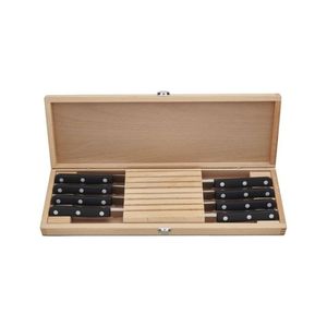 Ensemble de 8 couteaux à steak à manche noir dans un coffret en bois brun avec lames argentées et triple rivets pour la mise en place sur la table à manger - Product Image 5