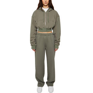 Women's Olive Green Hooded Tracksuit <b>Set</b> Full Sleeve Zipper Sweatshirt <b>Matching</b> <b>Jogger</b> Pants Casual Loose Fit - Product Image 1