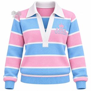Suéter de Rugby Tejido Personalizado al por Mayor JJOA Jack and Jill of America para Mujer, Color Azul Bebé y Rosa a Rayas, Bordado, Tipo Polo - Product Image 1