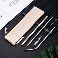 Utilisation quotidienne 4 pièces accessoires de verres réutilisables paille à boire en acier inoxydable avec brosse de nettoyage et pochette en coton coffret cadeau